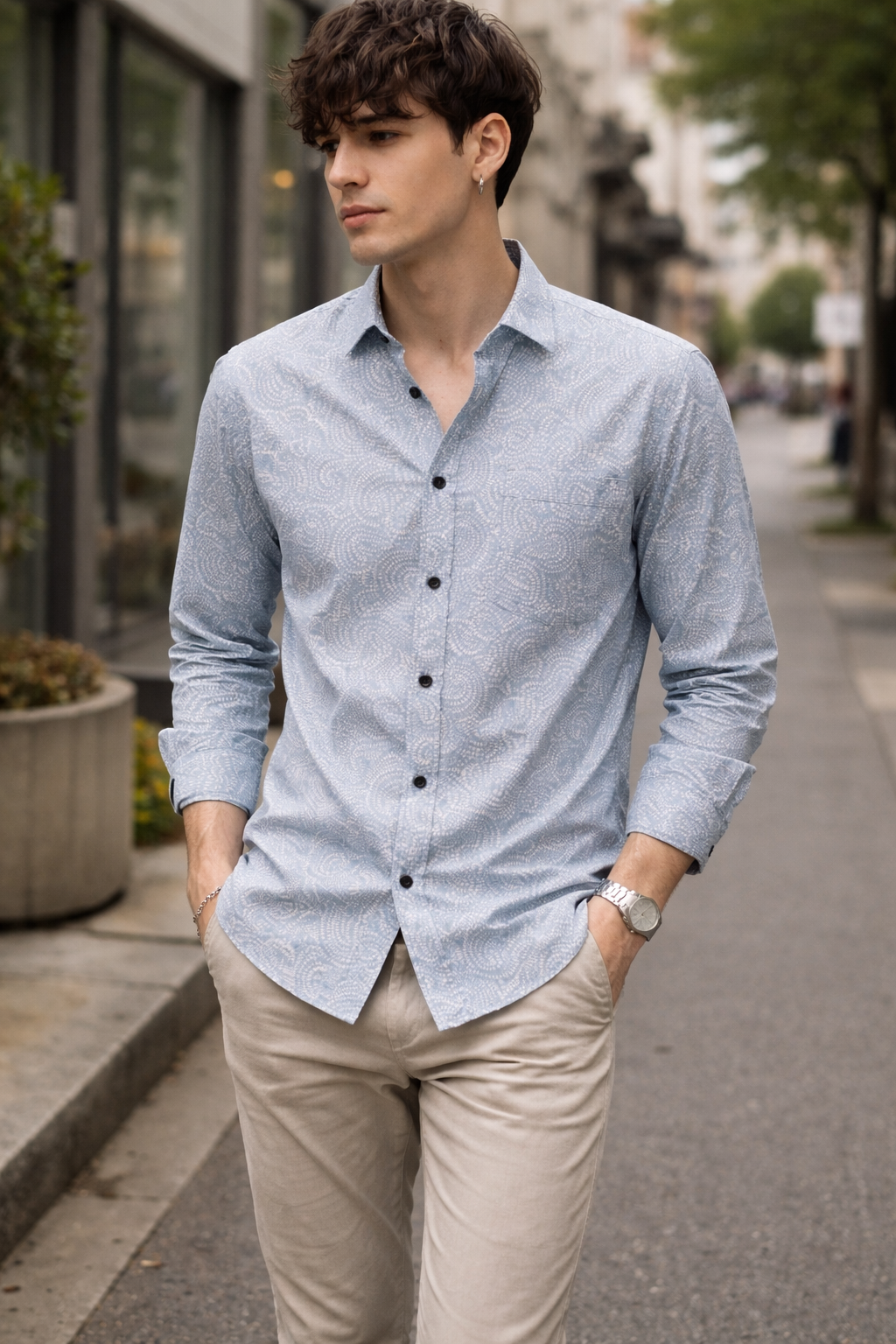 Men’s Premium Light Blue Printed Cotton Shirt – 26243