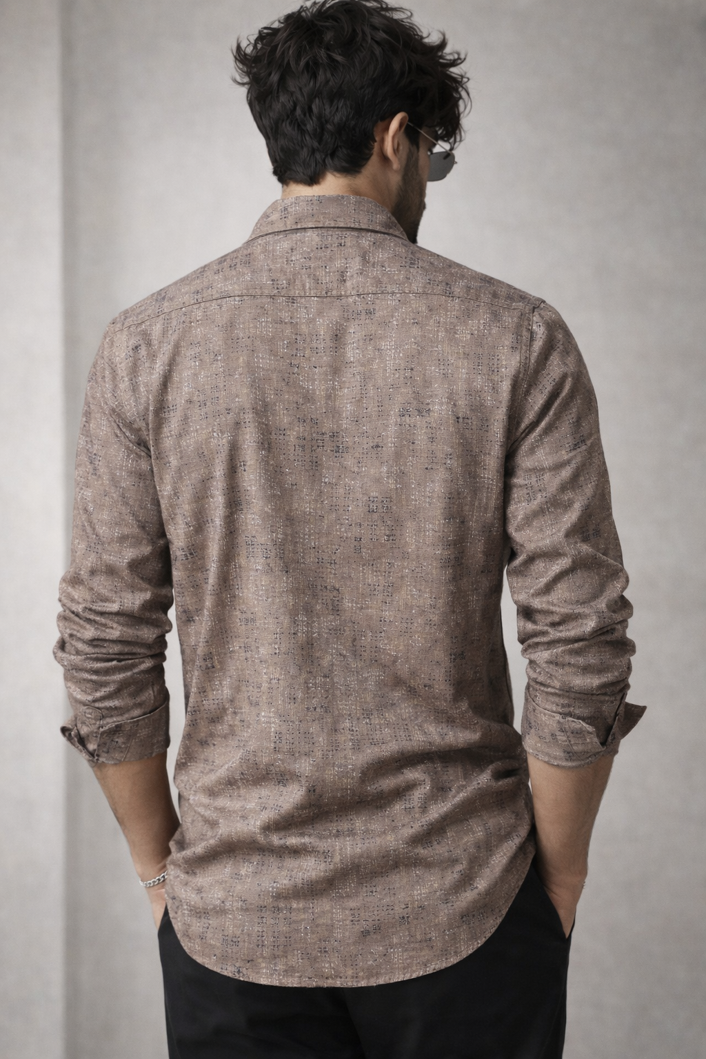 Men’s Premium Textured Printed Shirt – Taupe Beige with Abstract Pattern - 25598