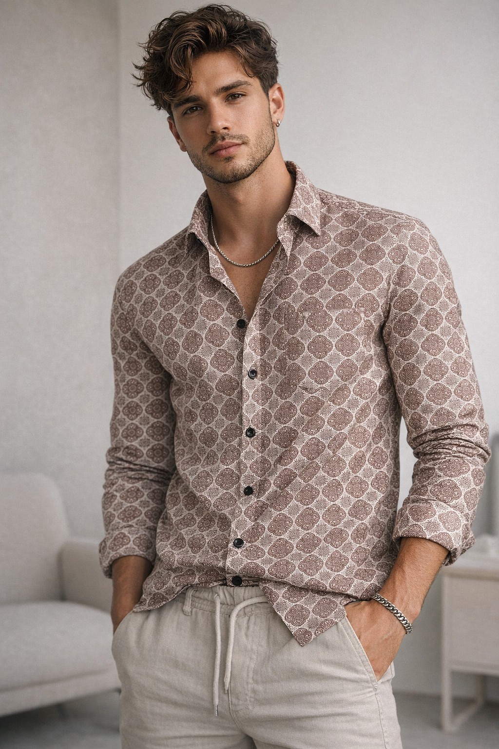 Men’s Premium Printed Cotton Shirt – Maroon Mandala Pattern - 25607