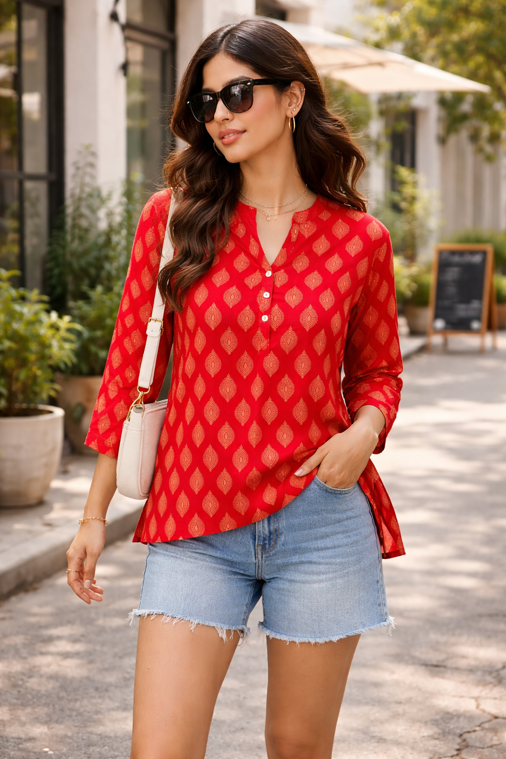 Women's Vibrant Red Ethnic Motif Print Kurti - 26532
