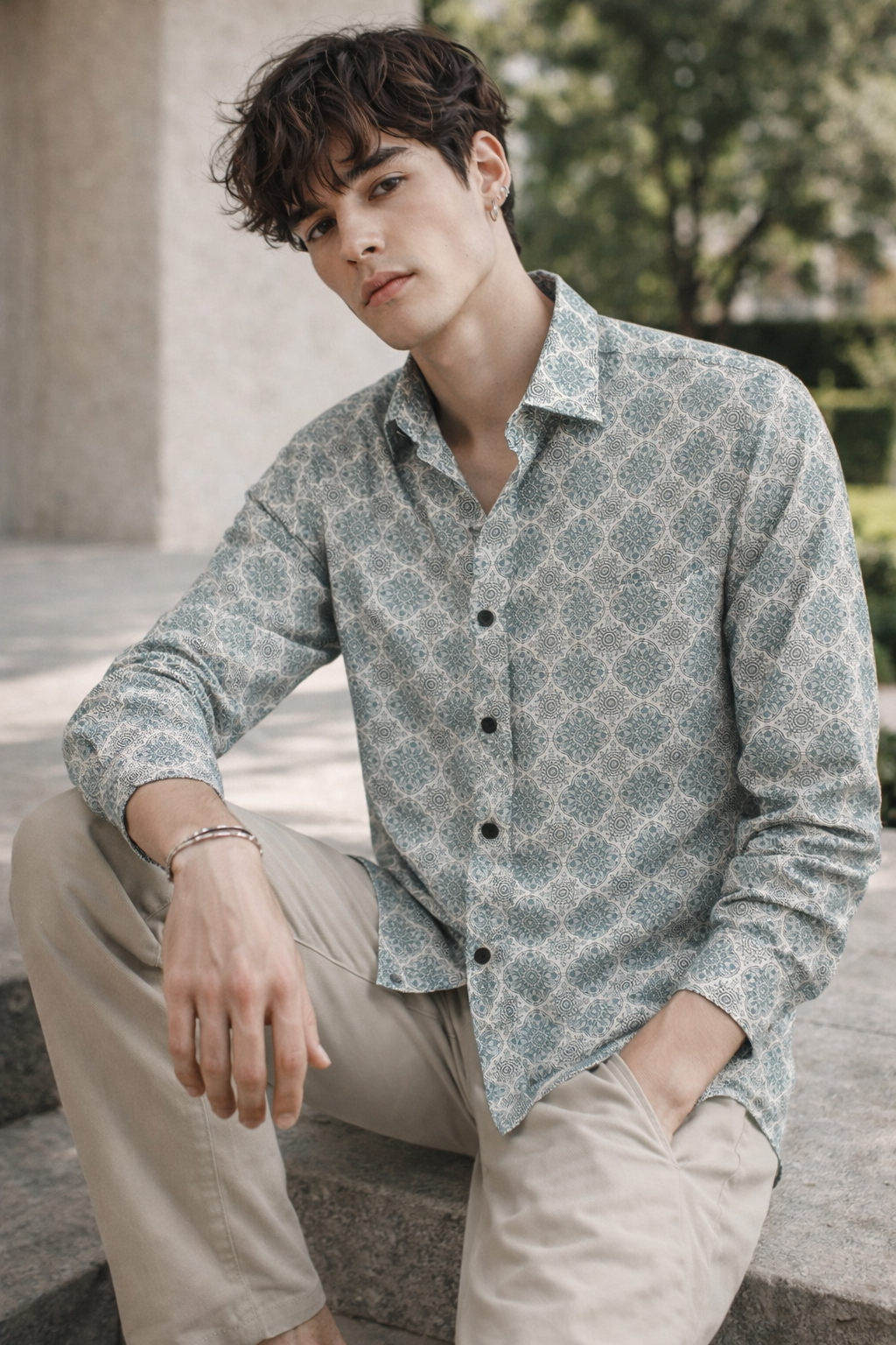 Men’s Premium Cotton Printed Casual Shirt – Teal & White Micro-Mandala Pattern - 25605