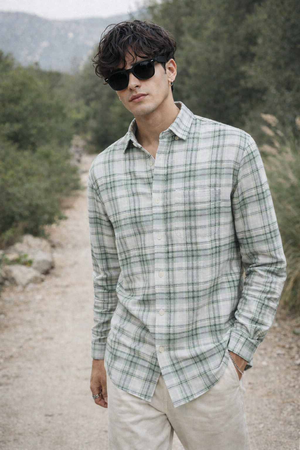 Sage Green & White Checkered Cotton Casual Shirt - 26225