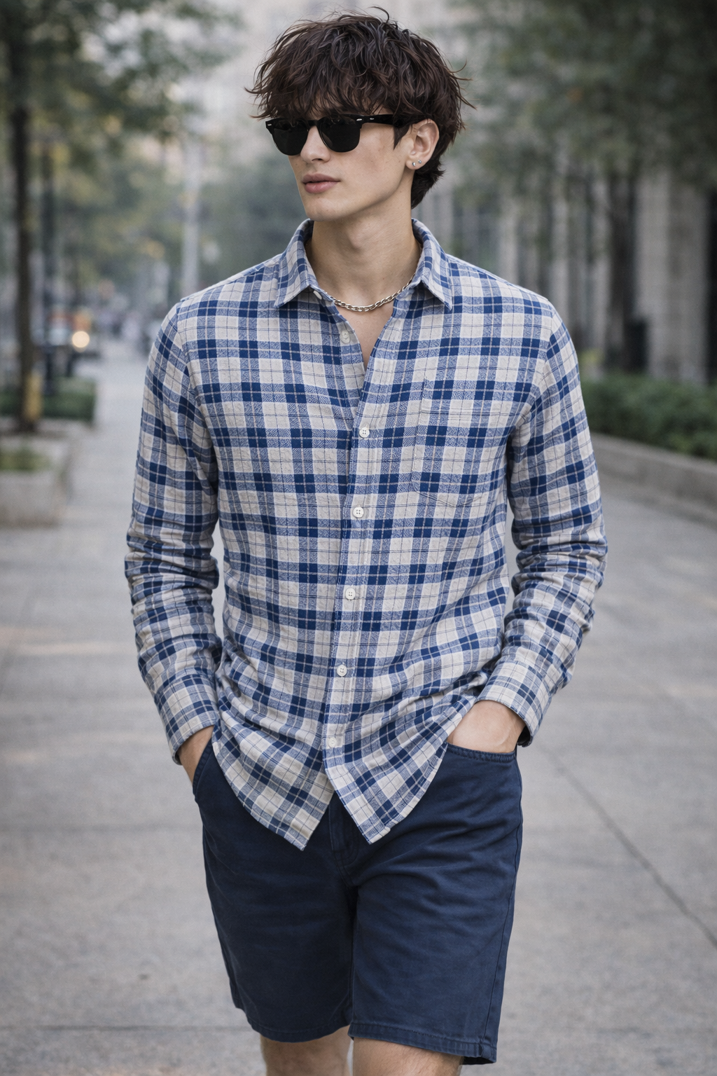 Graphite & Navy Textured Dobby Check Cotton Shirt - 26316