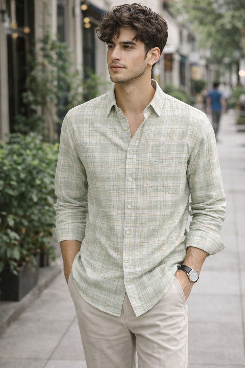 Sage & Sand Textured Check Cotton Shirt - 26314