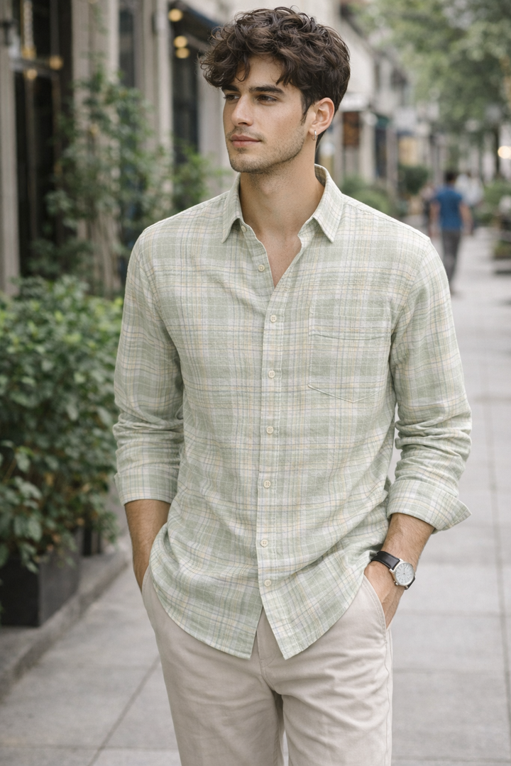 Sage & Sand Textured Check Cotton Shirt - 26314
