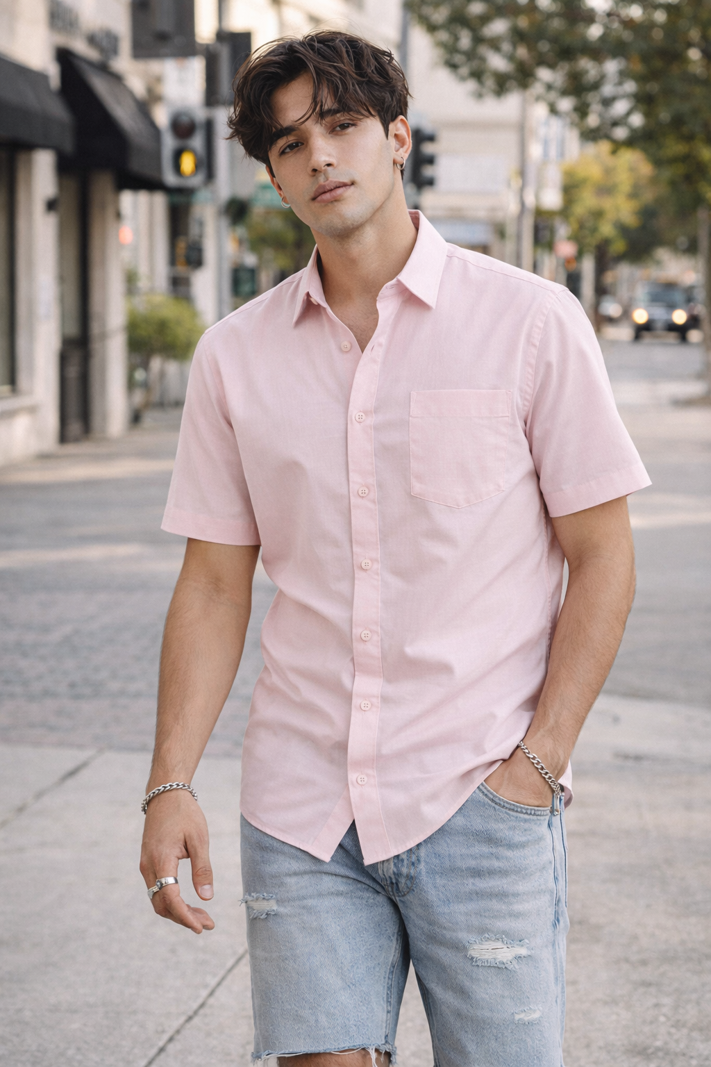 Men's Light Pink Semi-Formal Cotton Shirt - 21