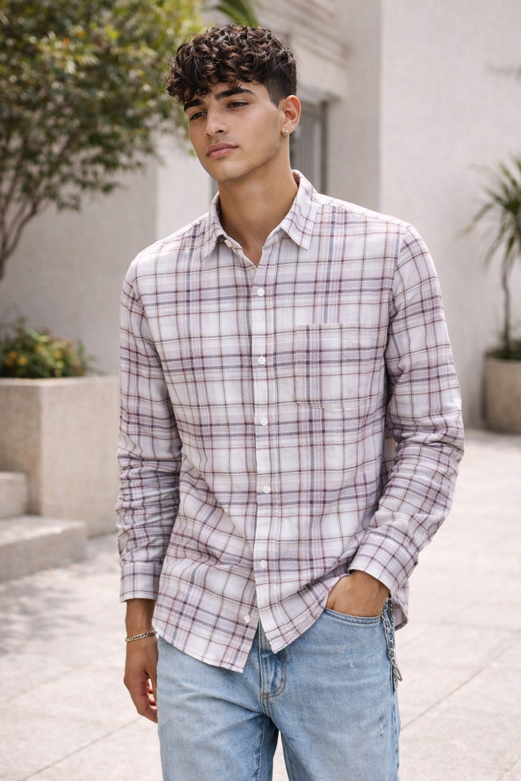 Burgundy & Ash Textured Grid Cotton Shirt - 26224